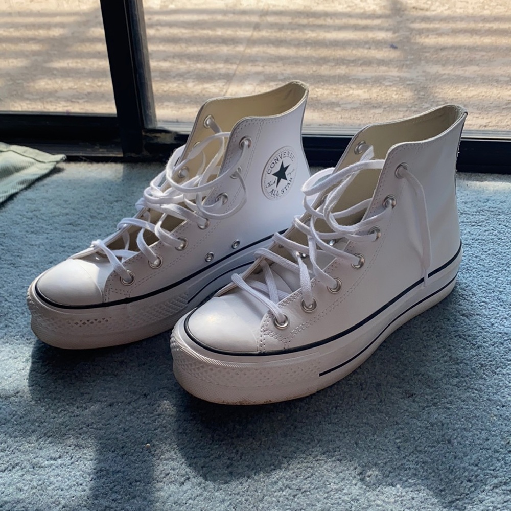 White Leather Platform High Top Converse